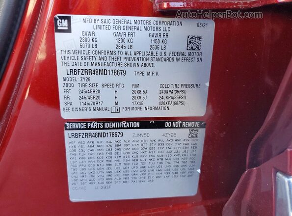 LRBFZRR48MD178679 2021 BUICK ENVISION Red Vista de la etiqueta del VIN