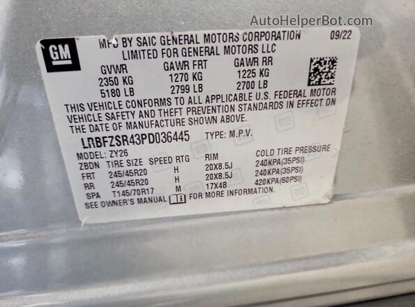 LRBFZSR43PD036445 2023 BUICK ENVISION Gray VIN կոդի պիտակի տեսք