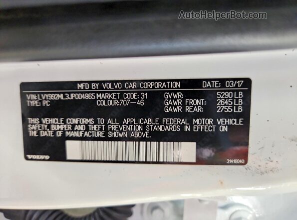 LVY992ML3JP004865 2018 VOLVO S90 White Engine compartment view