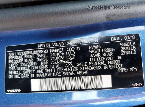LYV102RM4JB096483 2018 VOLVO XC60 Blue Vista interior de 360 grados
