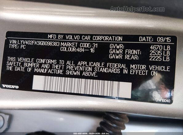 LYV402FK9GB098383 2016 VOLVO S60 INSCRIPTION Silver Շարժիչի բաժամունքի տեսք