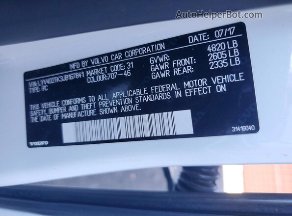 LYV402TK3JB167841 2018 VOLVO S60 White ძრავის განყოფილების ხედი