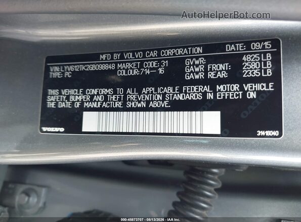 LYV612TK2GB098848 2016 VOLVO S60 INSCRIPTION Light Blue Շարժիչի բաժամունքի տեսք