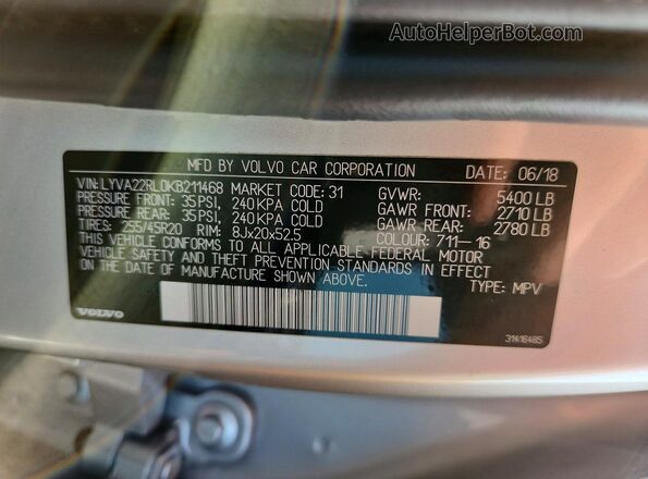 LYVA22RL0KB211468 2019 VOLVO XC60 Silver Vista de la etiqueta del VIN