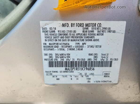MAJ3P1RE1JC196856 2018 FORD ECOSPORT Silver Widok wnętrza 360 stopni