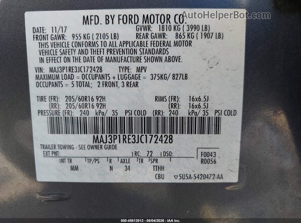 MAJ3P1RE3JC172428 2018 FORD ECOSPORT Gray Widok komory silnika