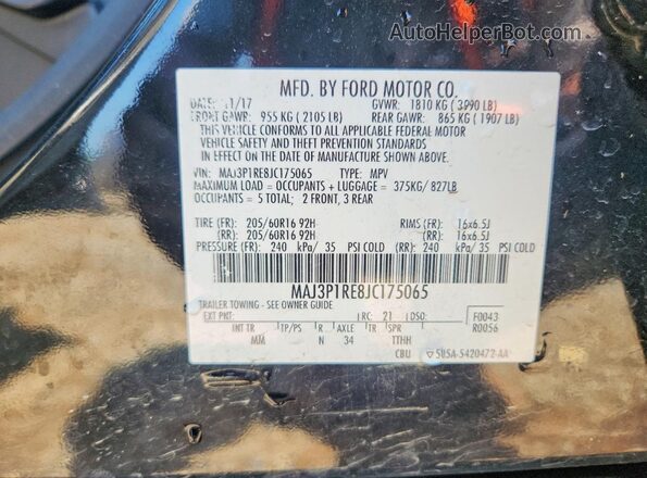 MAJ3P1RE8JC175065 2018 FORD ECOSPORT Черный Вид наклейки с VIN-кодом