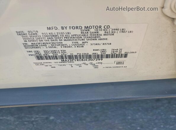 MAJ3P1RE8JC207299 2018 FORD ECOSPORT White VIN sticker view