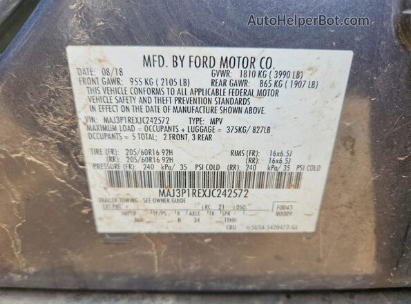 MAJ3P1REXJC242572 2018 FORD ECOSPORT Gray Widok naklejki z numerem VIN