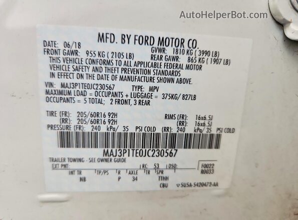 MAJ3P1TE0JC230567 2018 FORD ECOSPORT Белый Вид подкапотного пространства