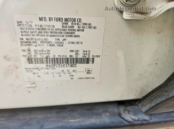 MAJ3P1TE1JC175823 2018 FORD ECOSPORT White VIN კოდის სტიკერის ხედი