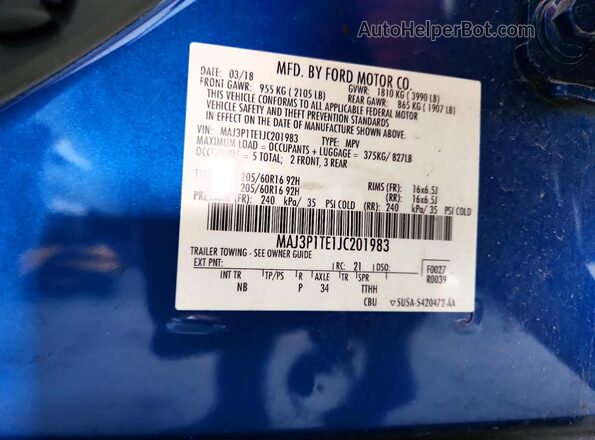 MAJ3P1TE1JC201983 2018 FORD ECOSPORT Blue VIN sticker view