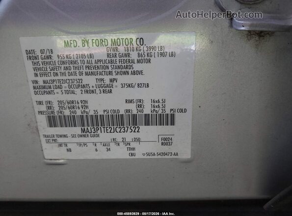 MAJ3P1TE2JC237522 2018 FORD ECOSPORT Серебряный Вид подкапотного пространства