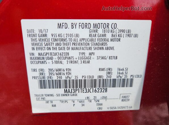MAJ3P1TE3JC162328 2018 FORD ECOSPORT Red Панорамний вид салону 360°