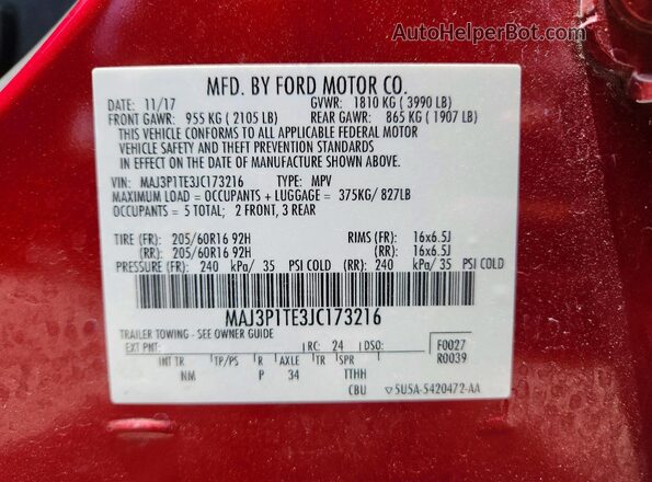 MAJ3P1TE3JC173216 2018 FORD ECOSPORT Red VIN კოდის სტიკერის ხედი