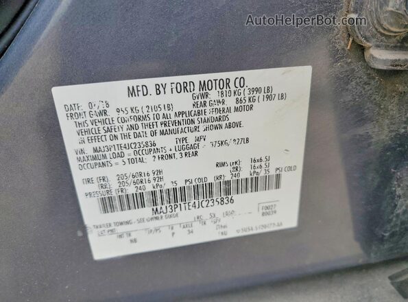 MAJ3P1TE4JC235836 2018 FORD ECOSPORT Gray VIN კოდის სტიკერის ხედი