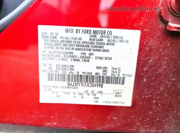 MAJ3P1TE7JC204998 2018 FORD ECOSPORT Red Vista de la etiqueta del VIN