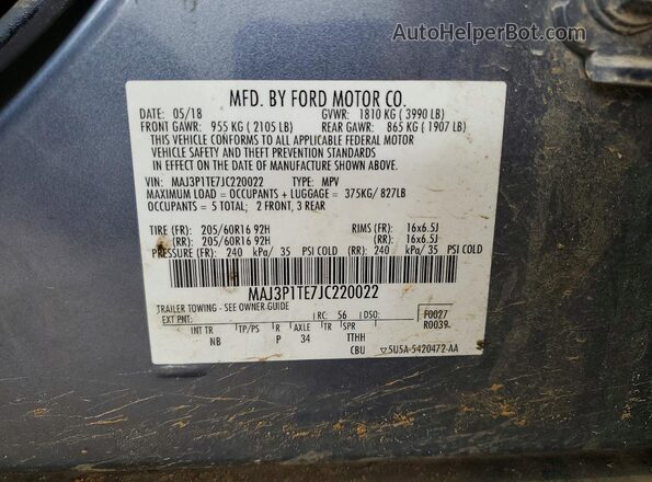 MAJ3P1TE7JC220022 2018 FORD ECOSPORT Угольный Вид наклейки с VIN-кодом