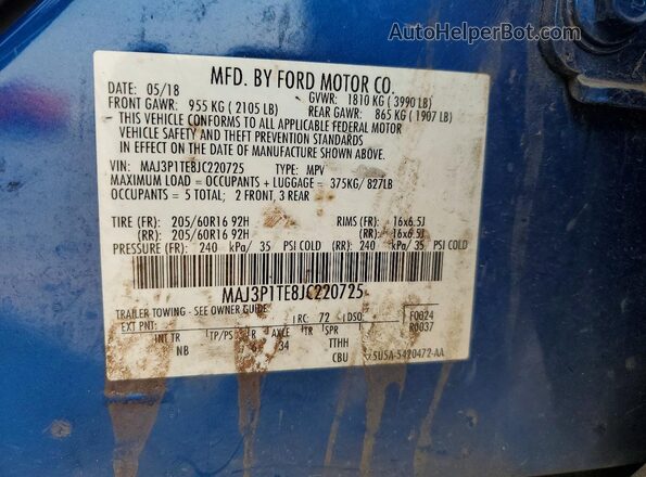 MAJ3P1TE8JC220725 2018 FORD ECOSPORT Синий Вид наклейки с VIN-кодом
