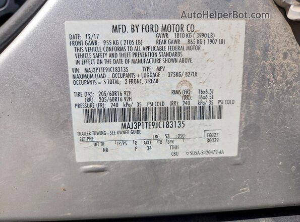 MAJ3P1TE9JC183135 2018 FORD ECOSPORT Gray Вид наклейки з VIN-кодом