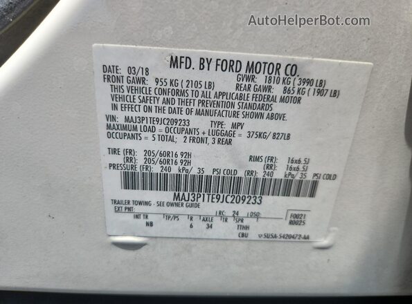 MAJ3P1TE9JC209233 2018 FORD ECOSPORT White Вид наклейки з VIN-кодом