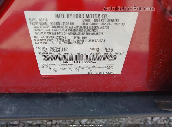 MAJ3P1TEXJC222766 2018 FORD ECOSPORT Красный Вид подкапотного пространства