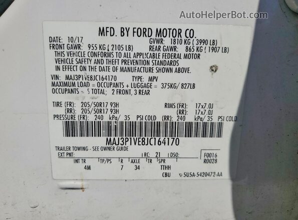 MAJ3P1VE8JC164170 2018 FORD ECOSPORT White VIN კოდის სტიკერის ხედი