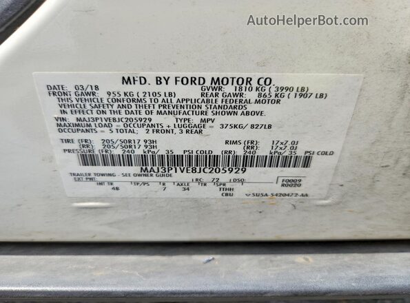 MAJ3P1VE8JC205929 2018 FORD ECOSPORT White VIN կոդի պիտակի տեսք