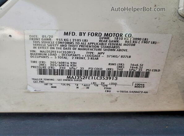 MAJ3S2FE1LC353913 2020 FORD ECOSPORT White Widok wnętrza 360 stopni
