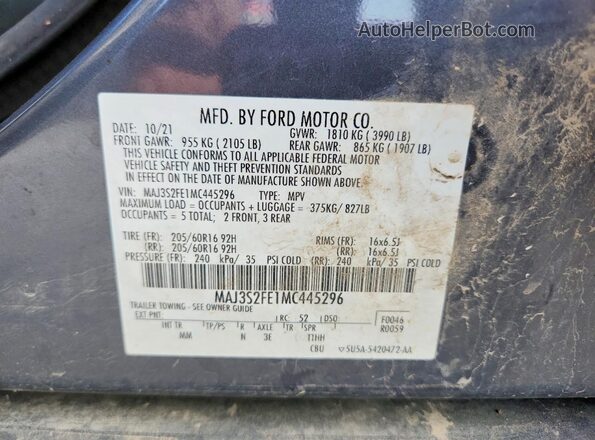MAJ3S2FE1MC445296 2021 FORD ECOSPORT Gray Вид підкапотного простору