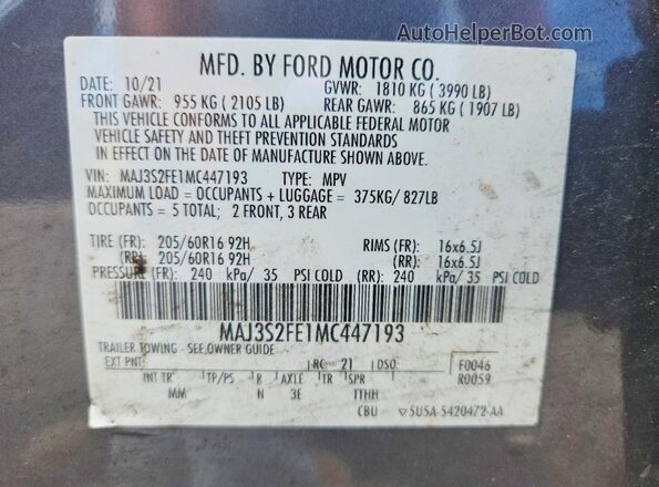 MAJ3S2FE1MC447193 2021 FORD ECOSPORT Charcoal Widok komory silnika