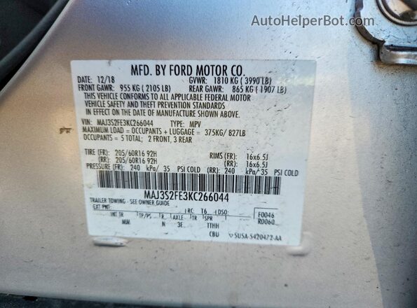 MAJ3S2FE3KC266044 2019 FORD ECOSPORT Silver Вид наклейки з VIN-кодом