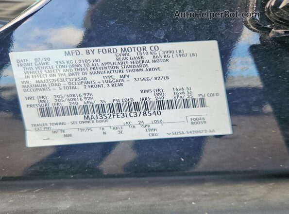 MAJ3S2FE3LC378540 2020 FORD ECOSPORT Black Вид наклейки з VIN-кодом