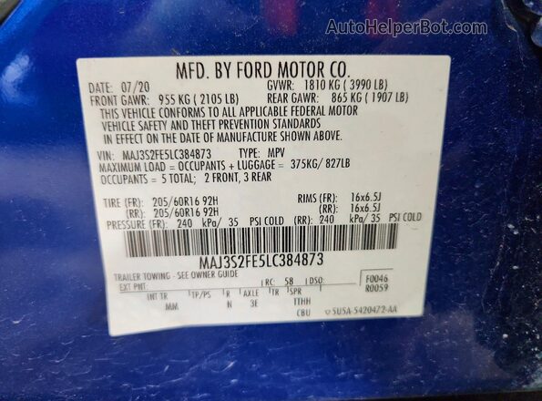 MAJ3S2FE5LC384873 2020 FORD ECOSPORT Blue 360 interior view