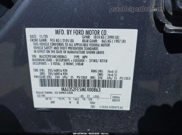 MAJ3S2FE5MC400863 2021 FORD ECOSPORT Серый Вид подкапотного пространства