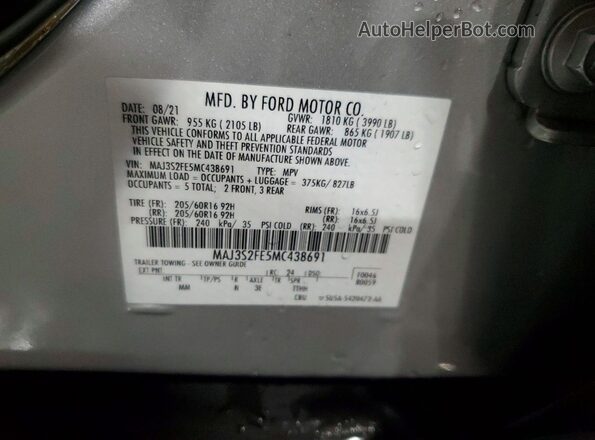 MAJ3S2FE5MC438691 2021 FORD ECOSPORT Gray VIN კოდის სტიკერის ხედი