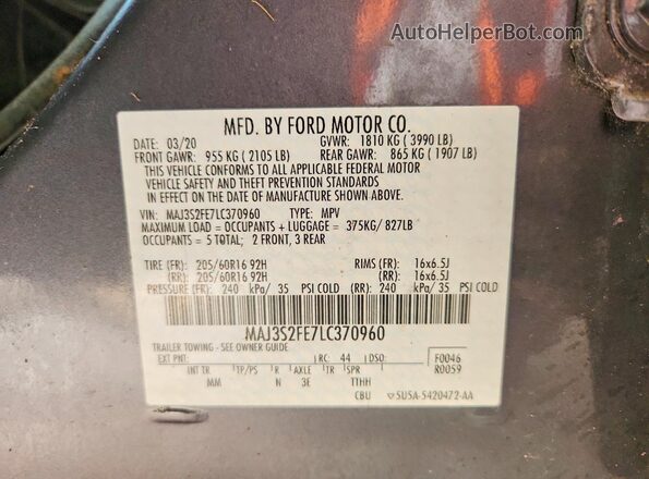 MAJ3S2FE7LC370960 2020 FORD ECOSPORT Gray Вид наклейки з VIN-кодом