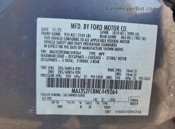 MAJ3S2FE8MC449264 2021 FORD ECOSPORT Gray Вид наклейки з VIN-кодом