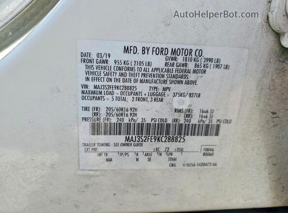 MAJ3S2FE9KC288825 2019 FORD ECOSPORT White Widok naklejki z numerem VIN