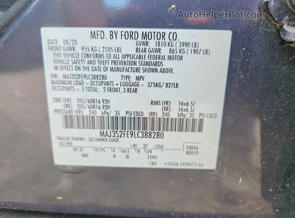 MAJ3S2FE9LC388280 2020 FORD ECOSPORT Gray VIN კოდის სტიკერის ხედი