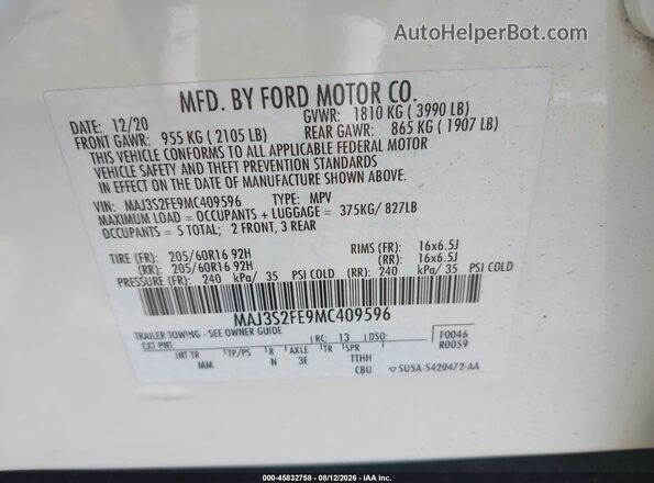 MAJ3S2FE9MC409596 2021 FORD ECOSPORT White ძრავის განყოფილების ხედი