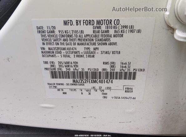 MAJ3S2FEXMC401474 2021 FORD ECOSPORT White Engine compartment view