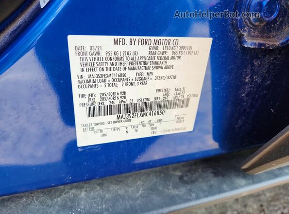 MAJ3S2FEXMC416850 2021 FORD ECOSPORT Blue Widok komory silnika