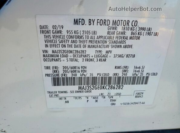 MAJ3S2GE0KC286282 2019 FORD ECOSPORT White Widok naklejki z numerem VIN