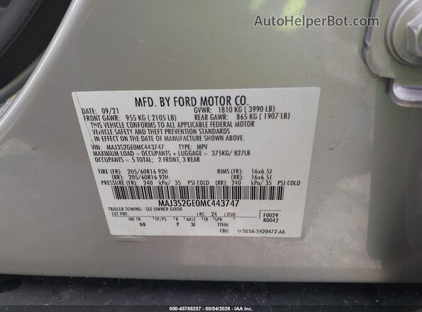 MAJ3S2GE0MC443747 2021 FORD ECOSPORT Silver Widok komory silnika