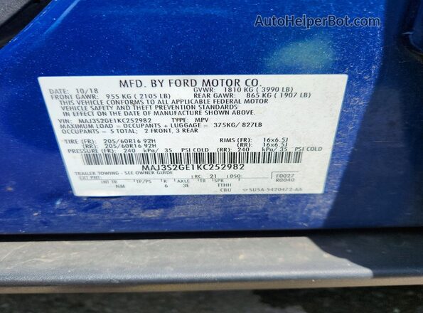 MAJ3S2GE1KC252982 2019 FORD ECOSPORT Blue VIN კოდის სტიკერის ხედი