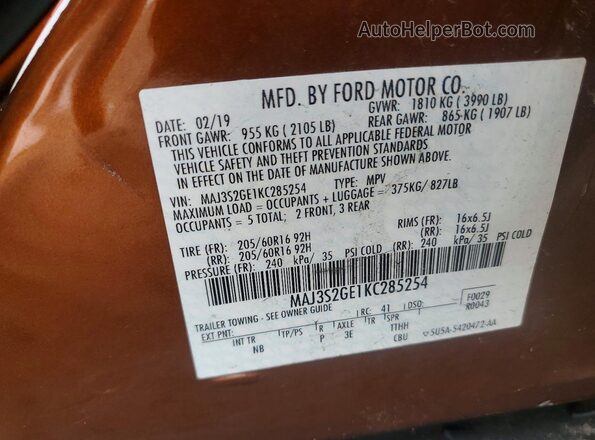 MAJ3S2GE1KC285254 2019 FORD ECOSPORT Коричневый Вид наклейки с VIN-кодом