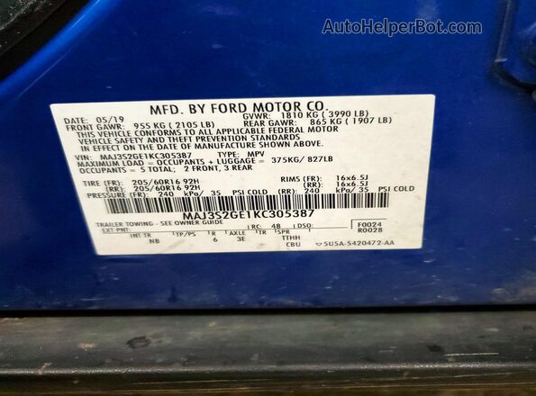 MAJ3S2GE1KC305387 2019 FORD ECOSPORT Blue Widok naklejki z numerem VIN