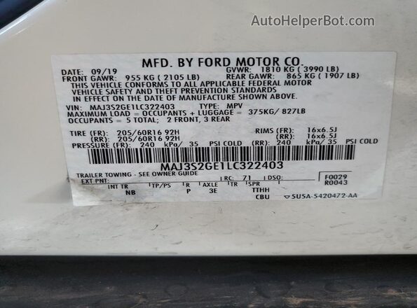 MAJ3S2GE1LC322403 2020 FORD ECOSPORT White სალონის 360-გრადუსიანი ხედი