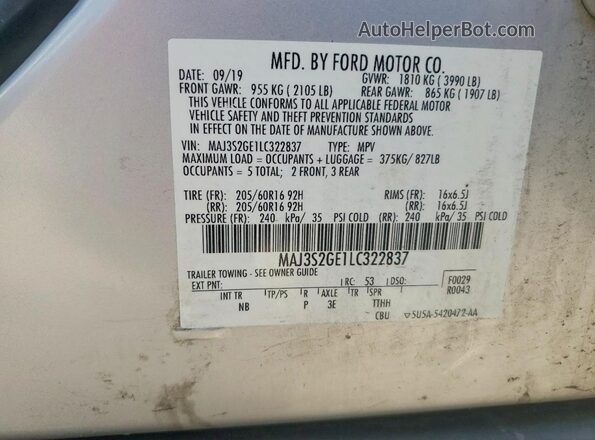 MAJ3S2GE1LC322837 2020 FORD ECOSPORT Silver Widok naklejki z numerem VIN